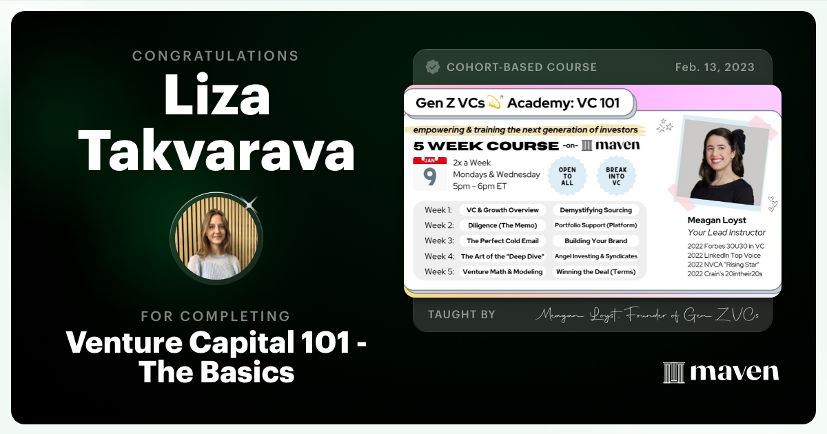 Certificate of Completion for Venture Capital 101 - The Basics