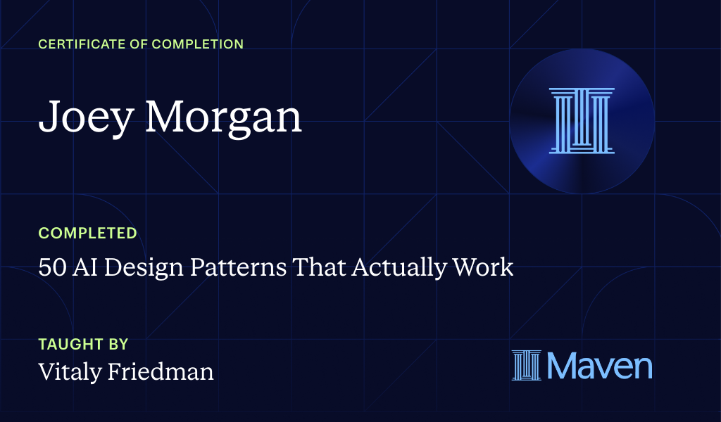 Certificate for 50 AI Design Patterns That Actually Work