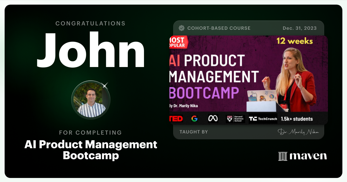 Certificate of Completion for AI Product Management Bootcamp & Certification by AI Product Academy
