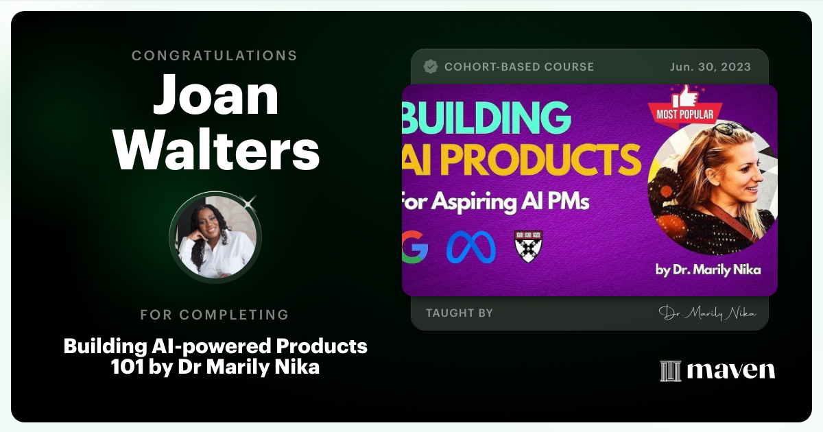 Certificate of Completion for AI Product Management 101 & Certification - Building AI Products end-to-end