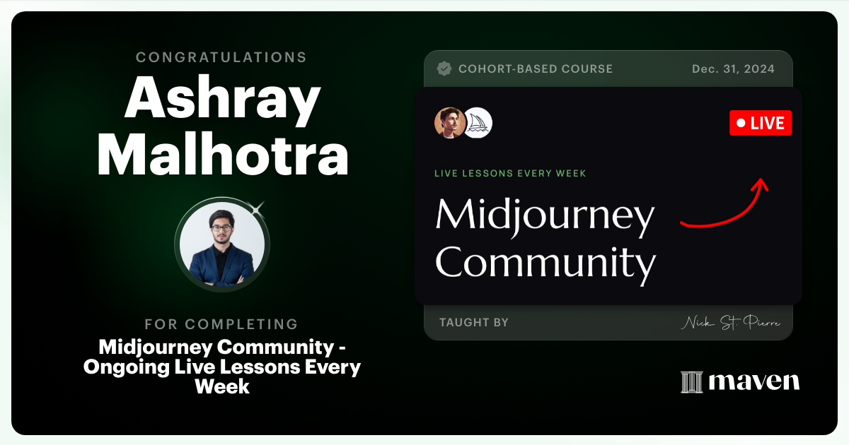 Certificate of Completion for Midjourney Community - Ongoing Live Lessons Every Week