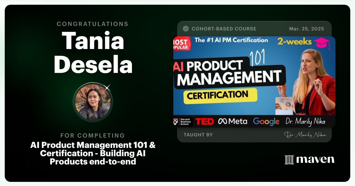 Certificate of Completion for AI Product Management 101 by AI Product Academy