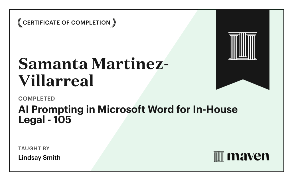 Certificate for AI Prompting in Microsoft Word for In-House Legal - 105