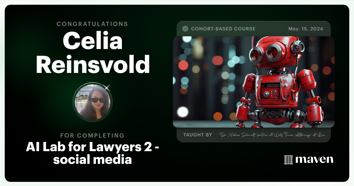 Certificate of Completion for AI Lab for Lawyers 2 - social media