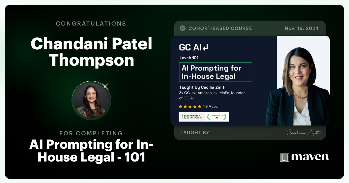 Certificate of Completion for AI Prompting for In-House Legal - 101