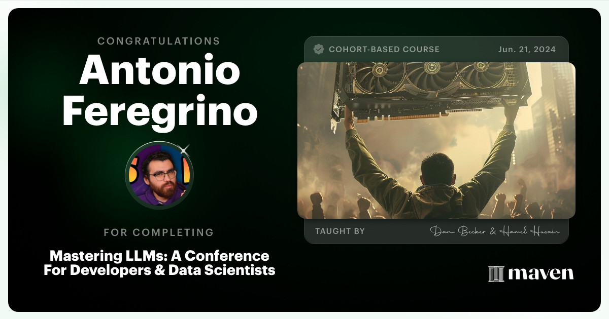 Certificate of Completion for Mastering LLMs For Developers & Data Scientists