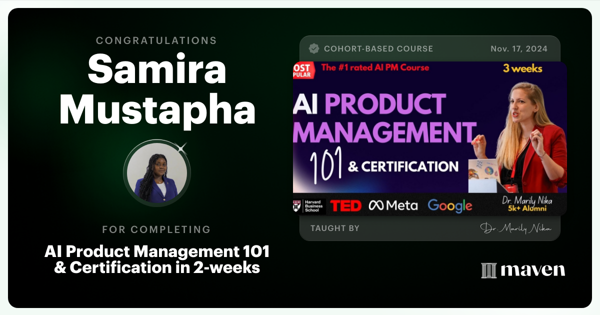 Certificate of Completion for AI Product Management 101 & Certification - Building AI Products end-to-end