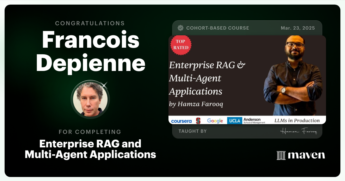 Certificate of Completion for Agent Engineering Bootcamp: Developers Edition