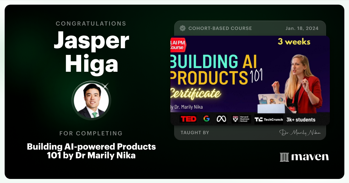 Certificate of Completion for AI Product Management 101 & Certification - Building AI Products end-to-end