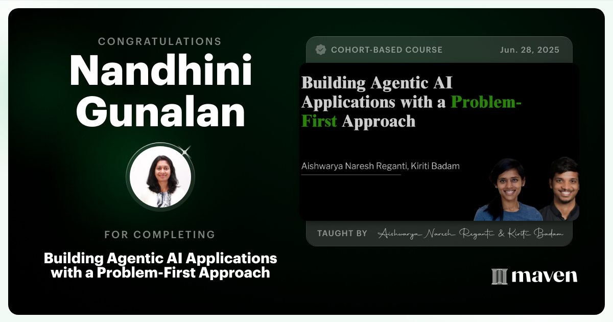 Certificate of Completion for Building Agentic AI Applications with a Problem-First Approach
