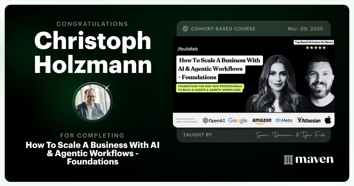 Certificate of Completion for How To Scale A Business With AI & Agentic Workflows - Foundations