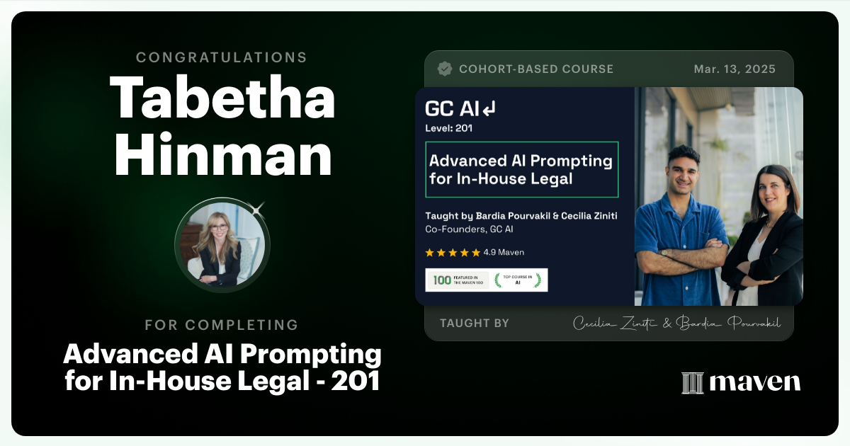 Certificate of Completion for Advanced AI Prompting for In-House Legal - 201