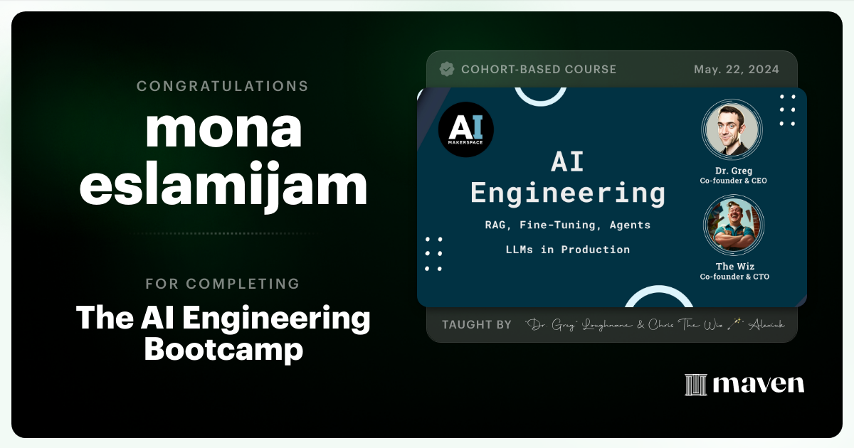 Certificate of Completion for The AI Engineering Bootcamp