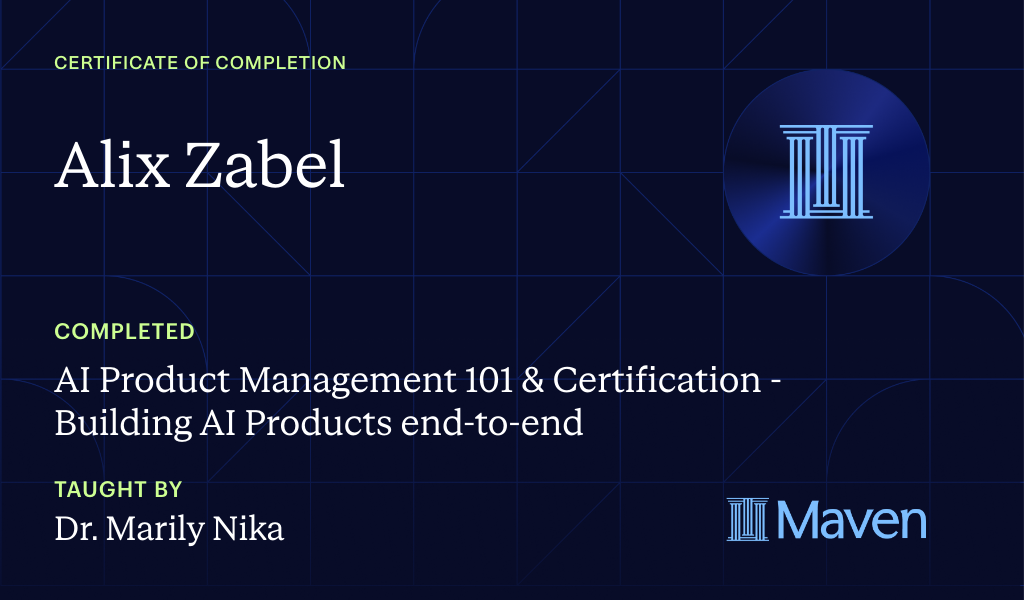 Certificate for AI Product Management 101 & Certification - Building AI Products end-to-end