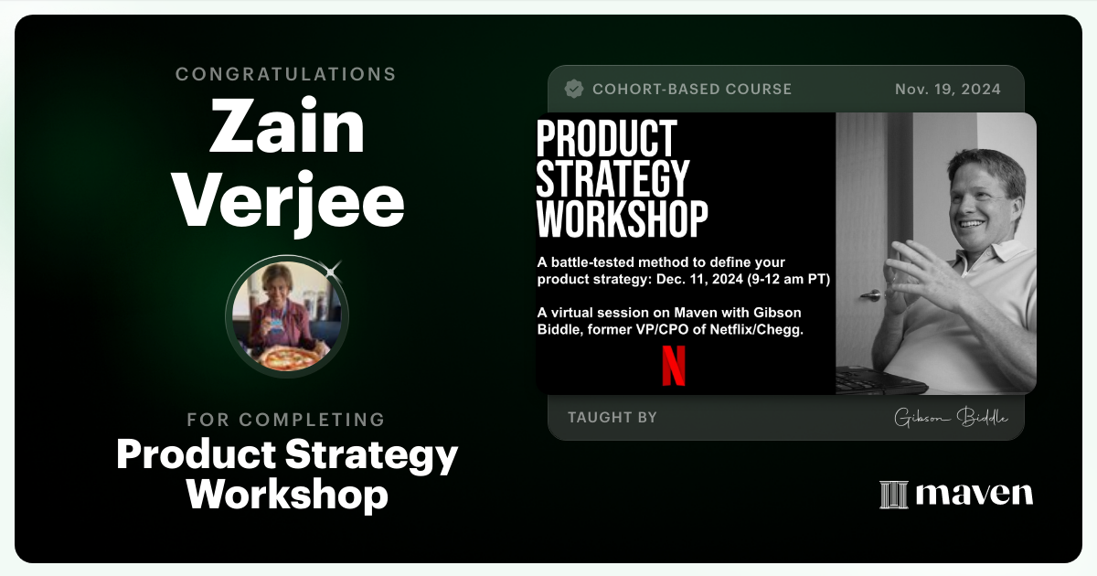 Certificate of Completion for Product Strategy Workshop