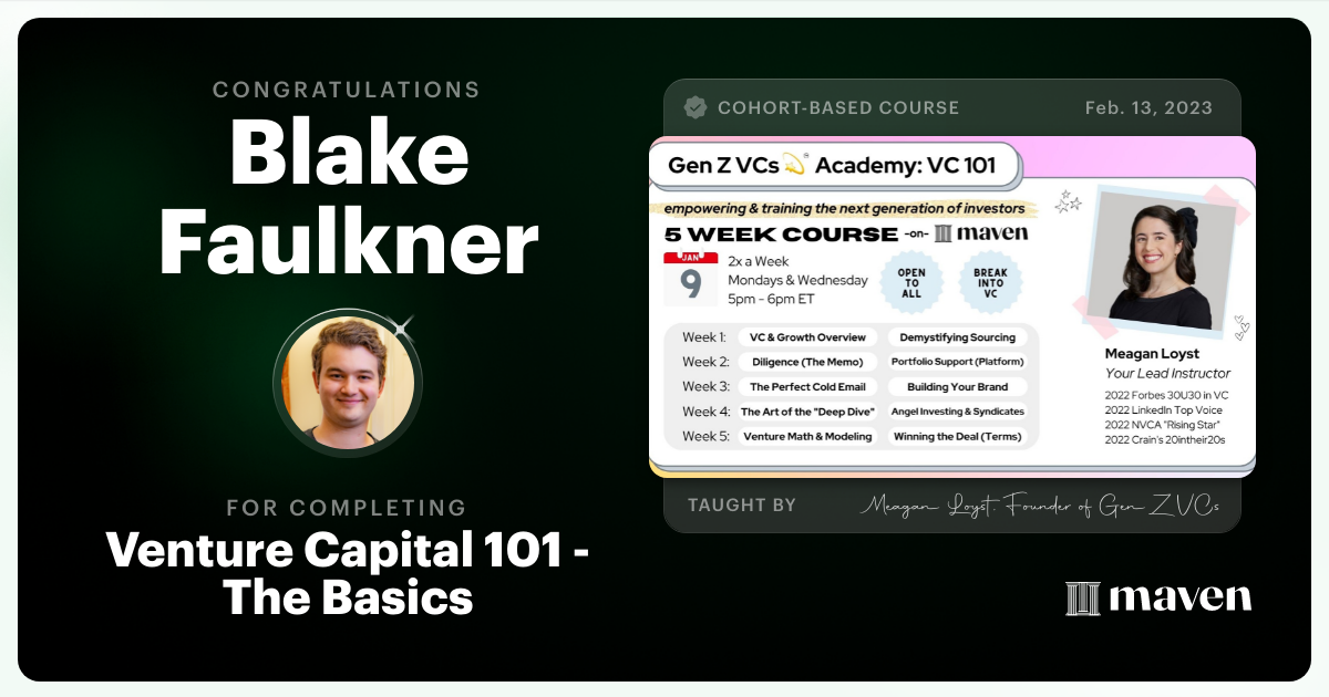 Certificate of Completion for Venture Capital 101 - The Basics