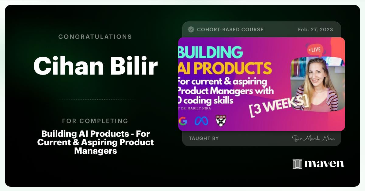 Certificate of Completion for AI Product Management 101 & Certification - Building AI Products end-to-end
