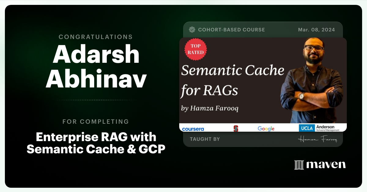 Certificate of Completion for Enterprise RAG with Semantic Cache & GCP