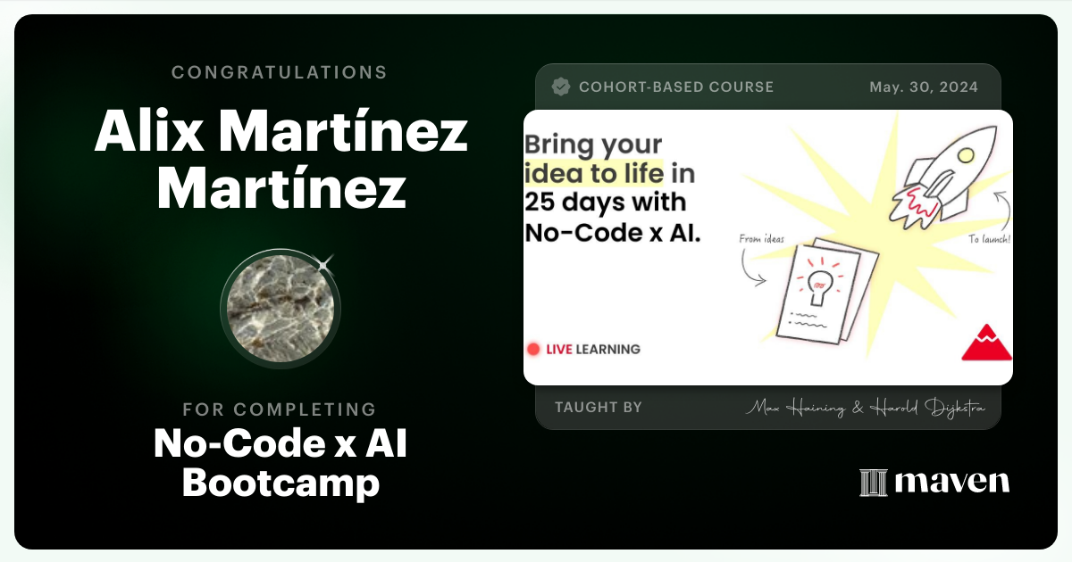 Certificate of Completion for No-Code x AI Bootcamp