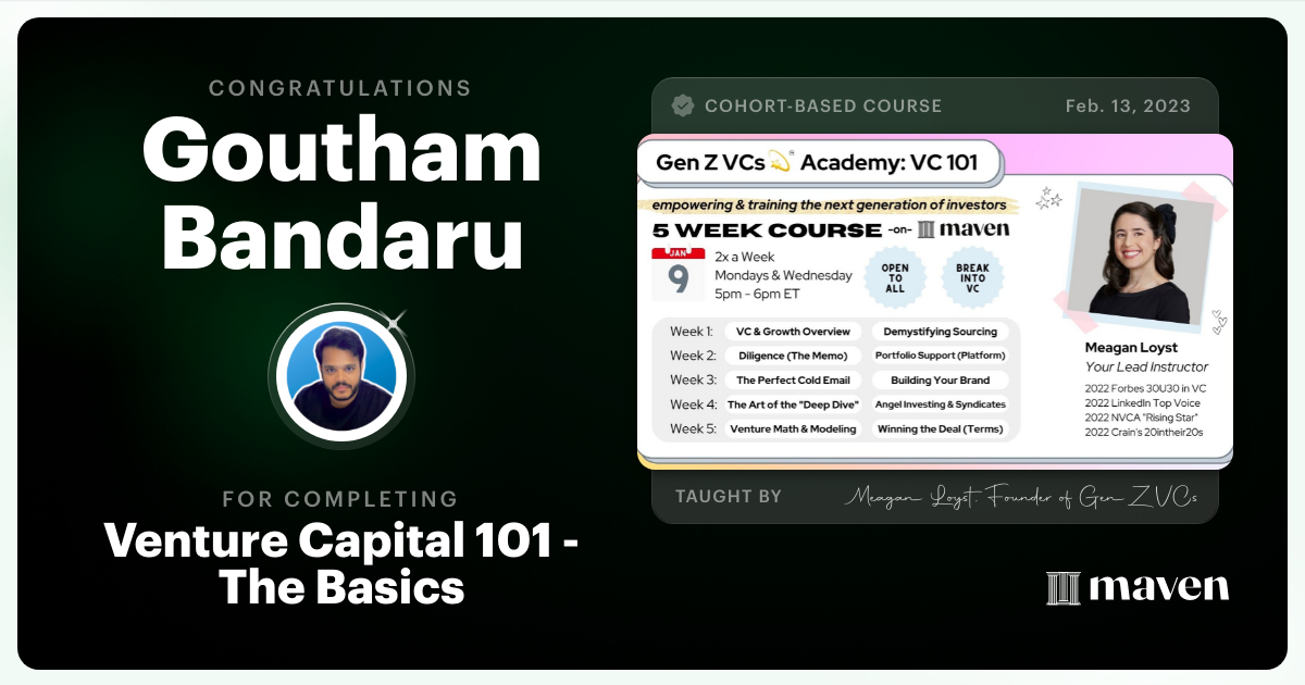 Certificate of Completion for Venture Capital 101 - The Basics