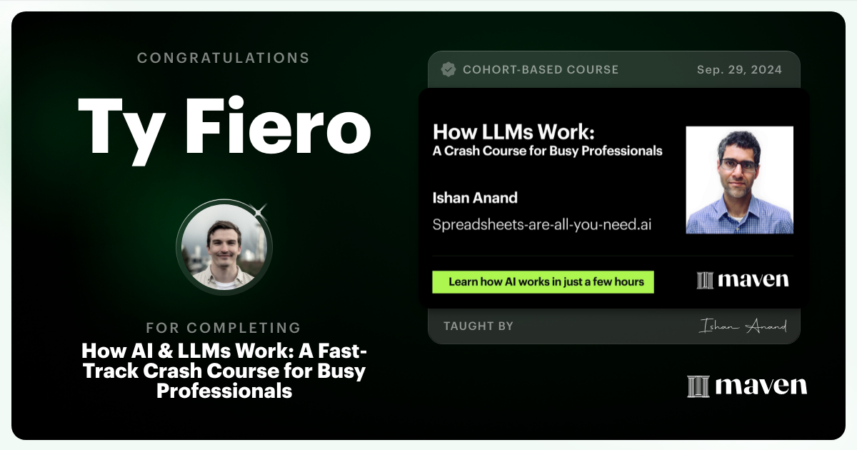 Certificate of Completion for How AI & LLMs Work: A Fast-Track Crash Course for Busy Professionals