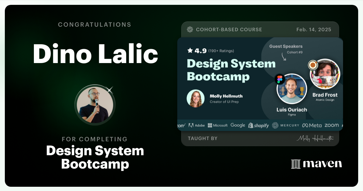 Certificate of Completion for Design System Bootcamp