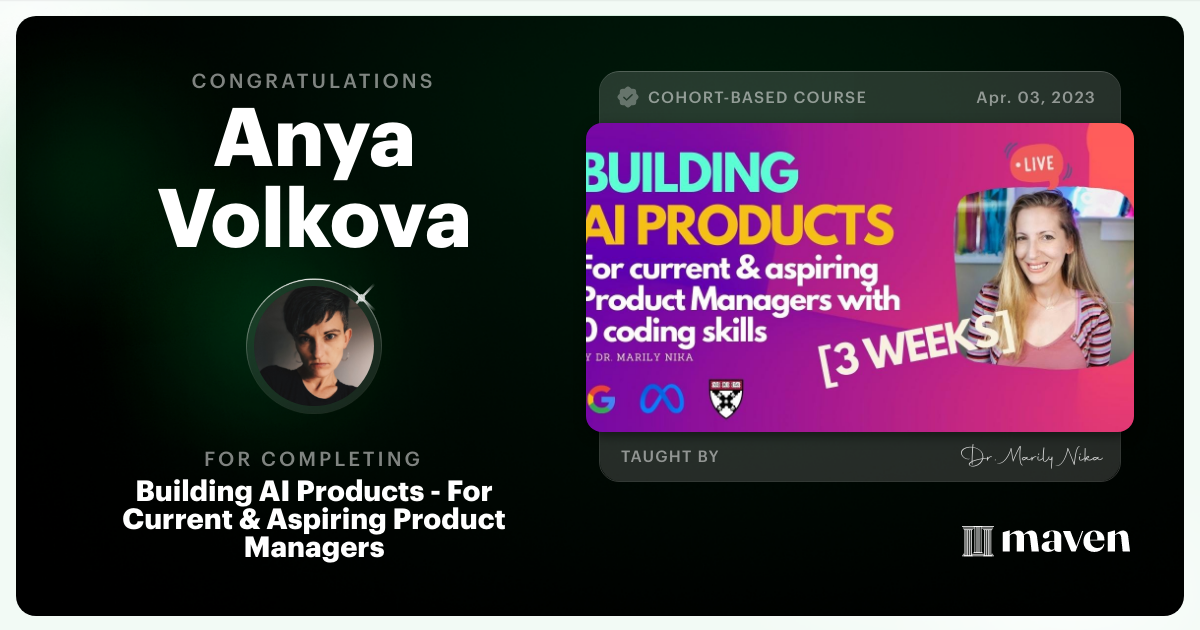 Certificate of Completion for AI Product Management 101 & Certification - Building AI Products end-to-end