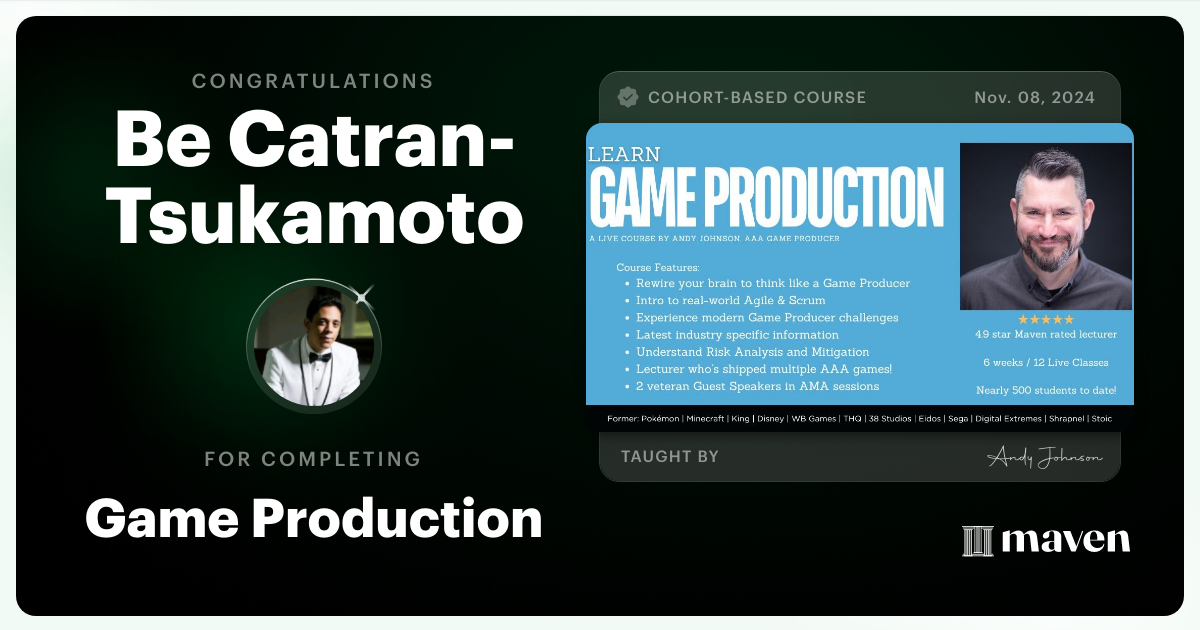 Certificate of Completion for Game Production – Think Like a Game Producer & Ship Games!