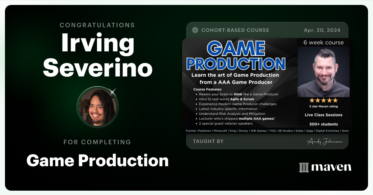 Certificate of Completion for Game Production – Think Like a Game Producer & Ship Games!