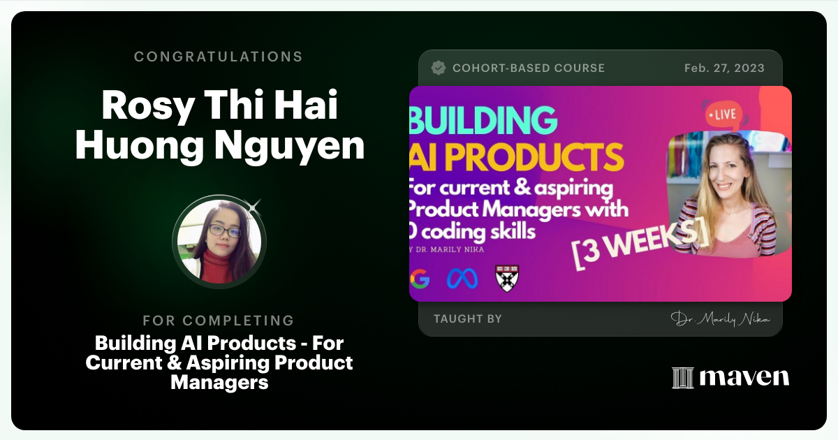 Certificate of Completion for AI Product Management 101 & Certification - Building AI Products end-to-end