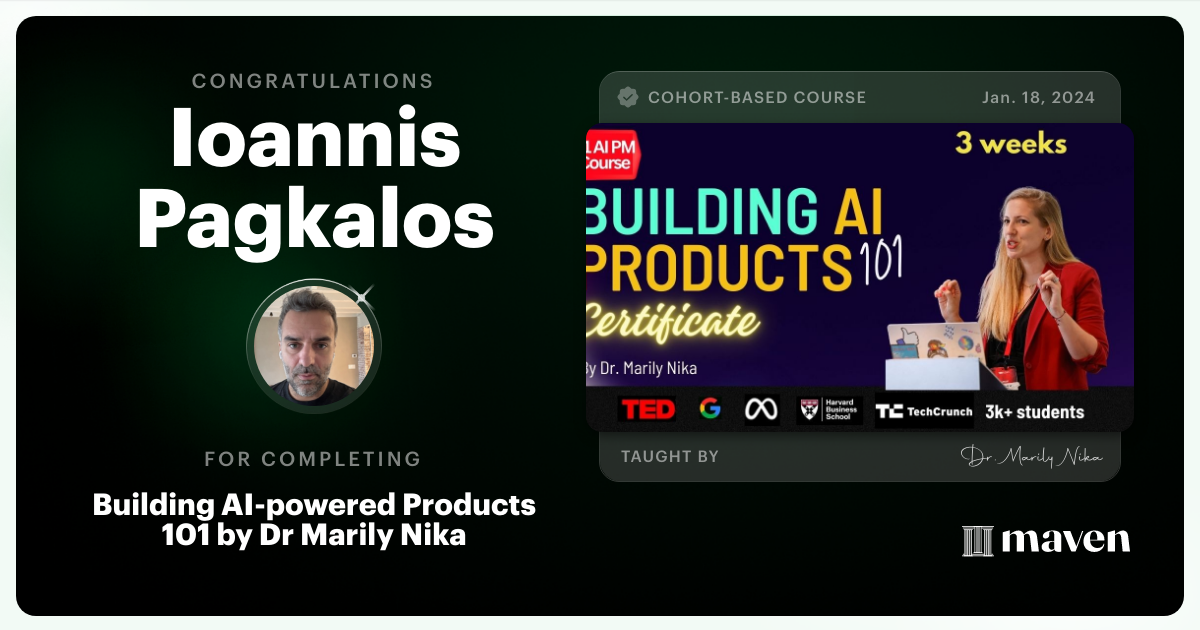 Certificate of Completion for AI Product Management 101 & Certification - Building AI Products end-to-end