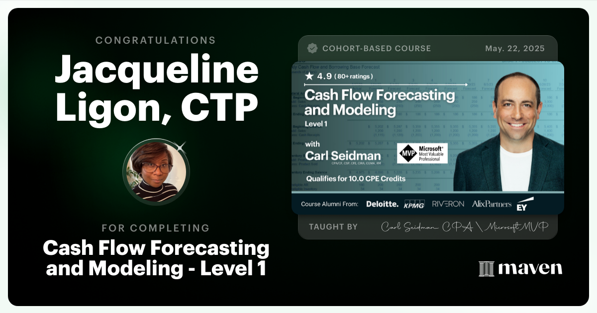 Certificate of Completion for Cash Flow Forecasting and Modeling - Level 1
