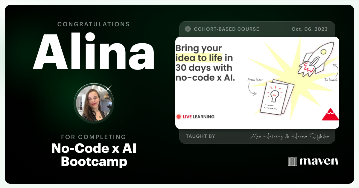 Certificate of Completion for No-Code x AI Bootcamp