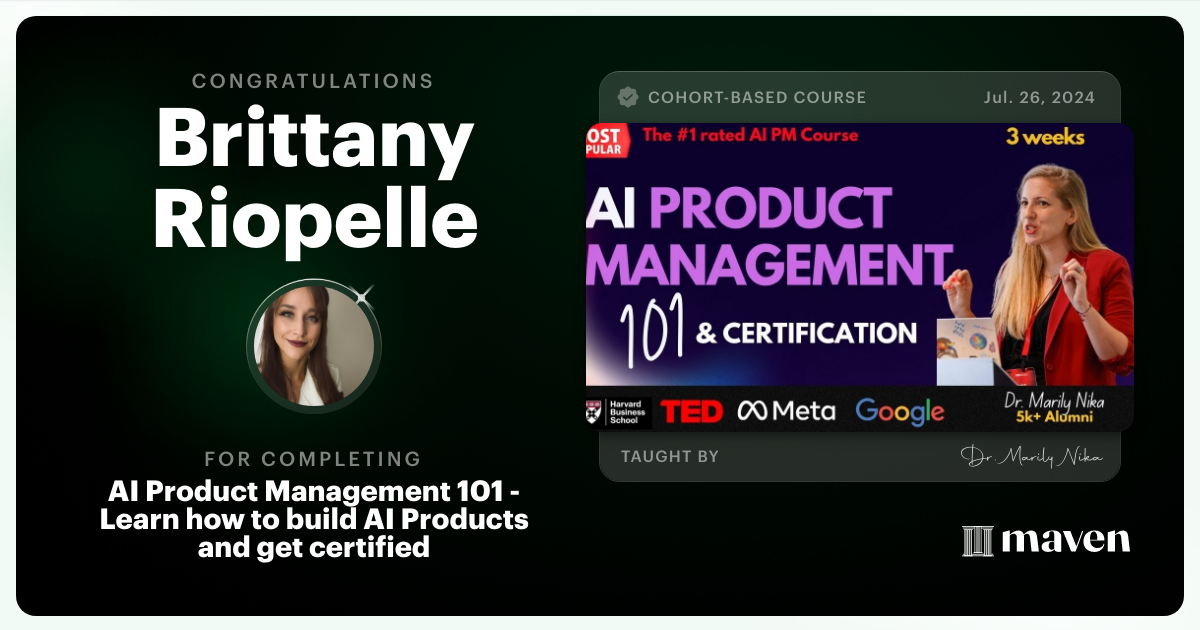 Certificate of Completion for AI Product Management 101 & Certification - Building AI Products end-to-end