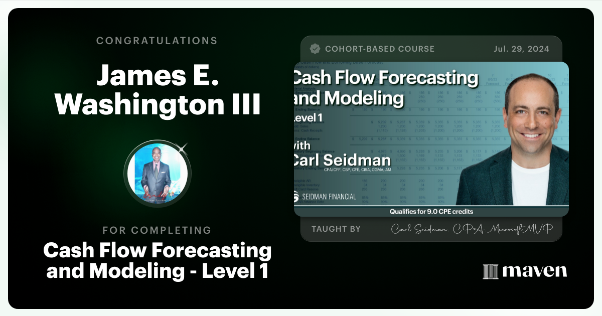 Certificate of Completion for Cash Flow Forecasting and Modeling - Level 1