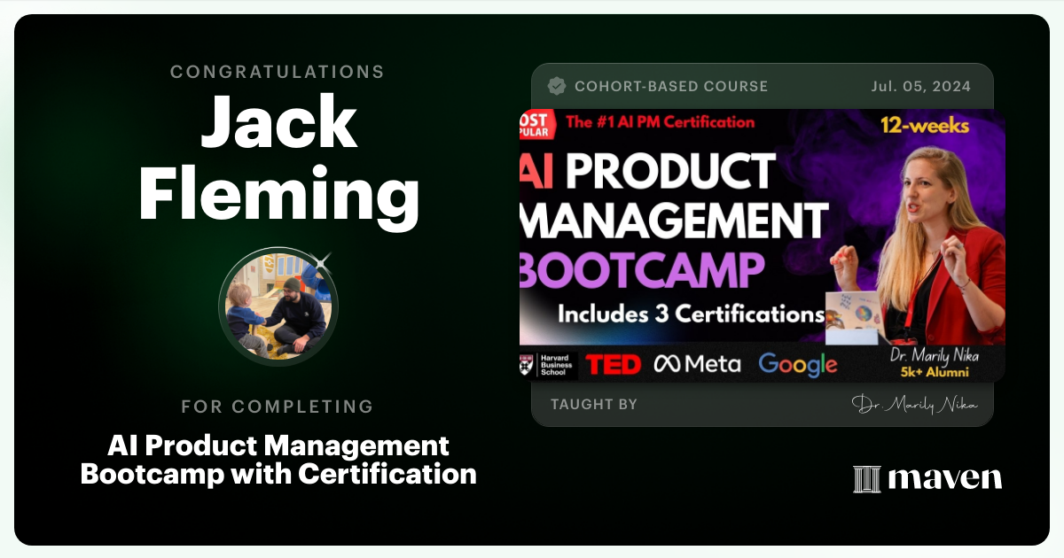 Certificate of Completion for AI Product Management Bootcamp & Certification by AI Product Academy