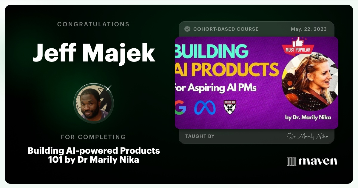 Certificate of Completion for AI Product Management 101 & Certification - Building AI Products end-to-end
