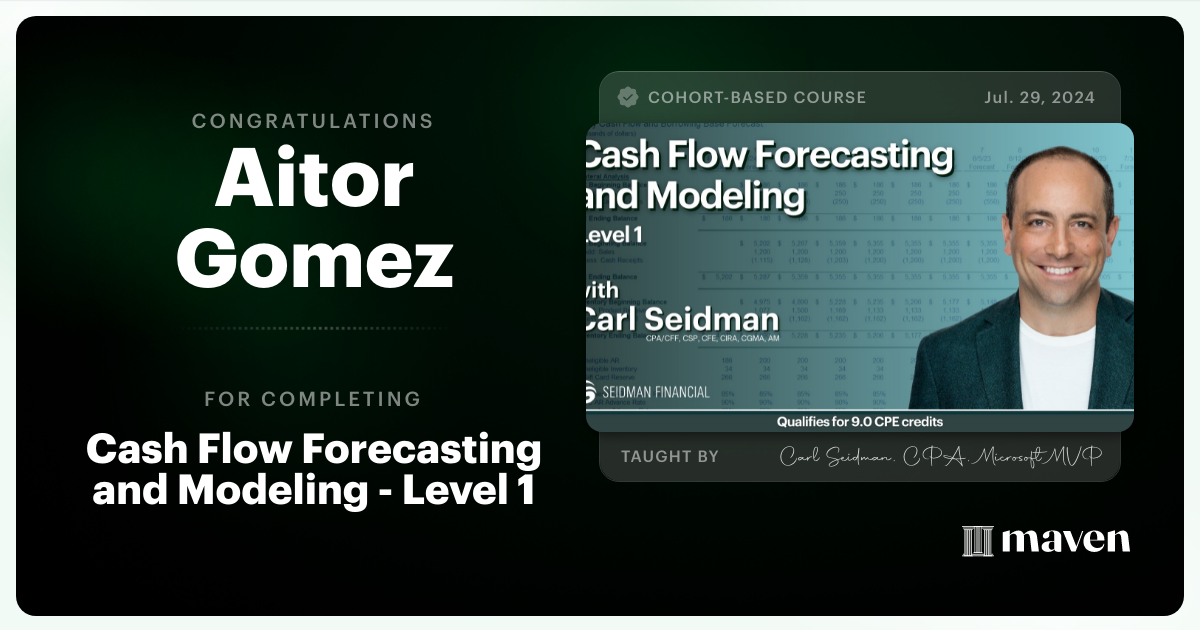 Certificate of Completion for Cash Flow Forecasting and Modeling - Level 1