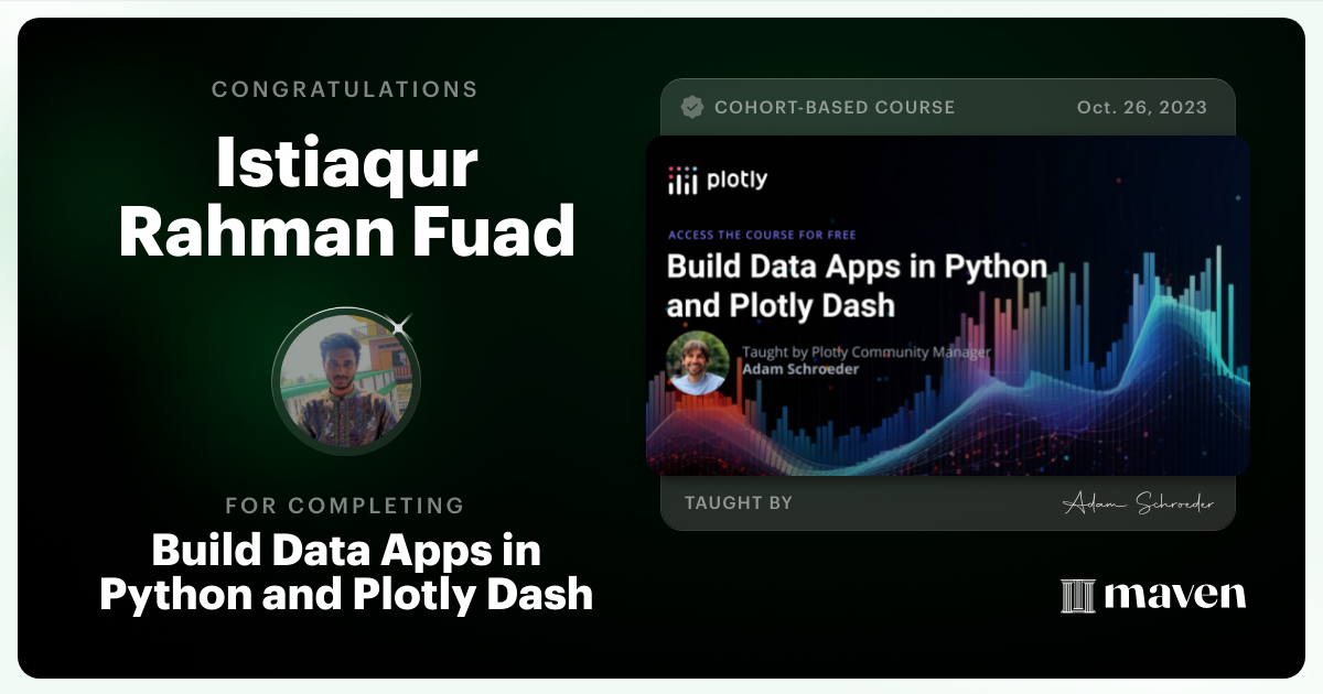 Certificate of Completion for Build Data Apps in Python and Plotly Dash