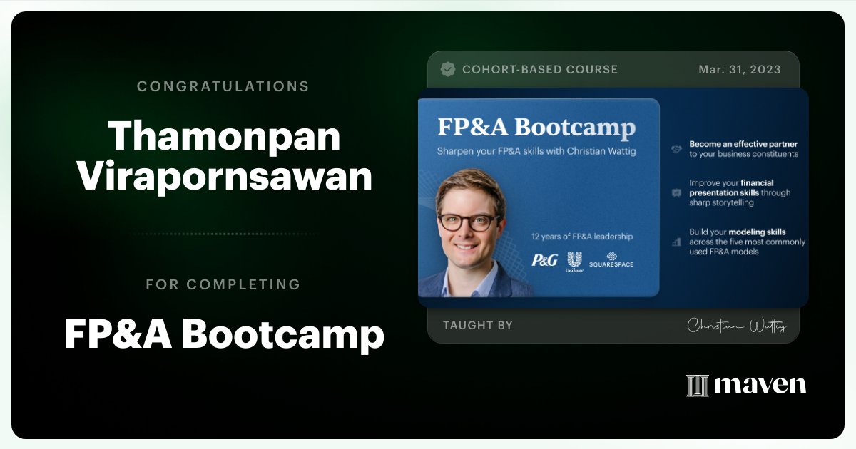 Certificate of Completion for FP&A Bootcamp