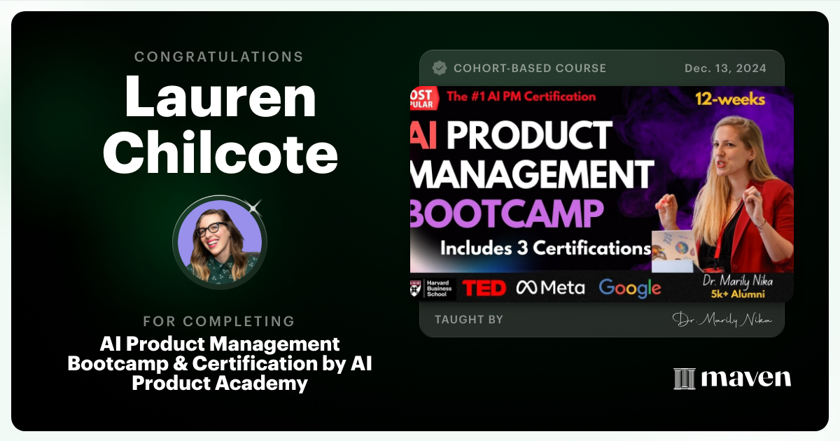 Certificate of Completion for AI Product Management Bootcamp & Certification by AI Product Academy
