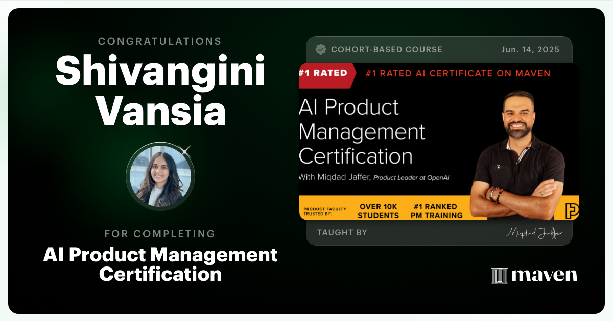 Certificate of Completion for AI Product Management Certification by Product Faculty