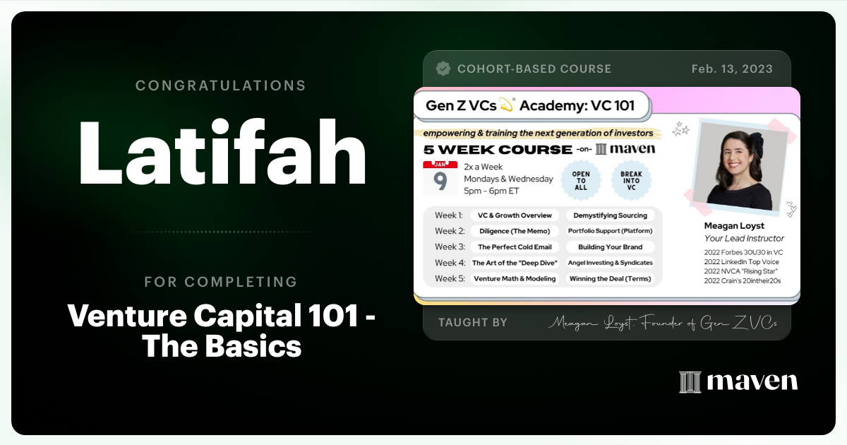 Certificate of Completion for Venture Capital 101 - The Basics