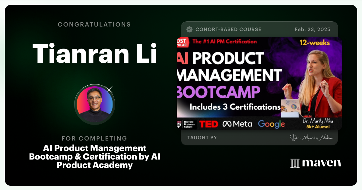 Certificate of Completion for AI Product Management Bootcamp & Certification by AI Product Academy
