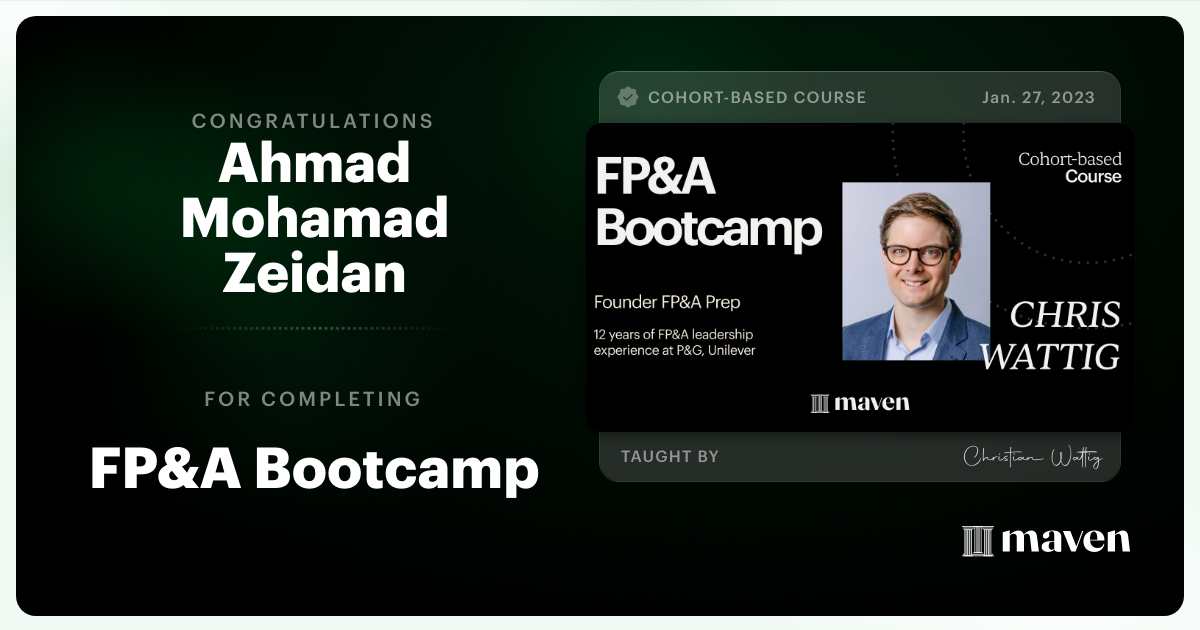 Certificate of Completion for FP&A Bootcamp