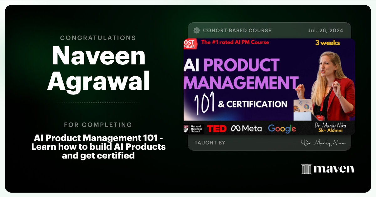 Certificate of Completion for AI Product Management 101 & Certification - Building AI Products end-to-end