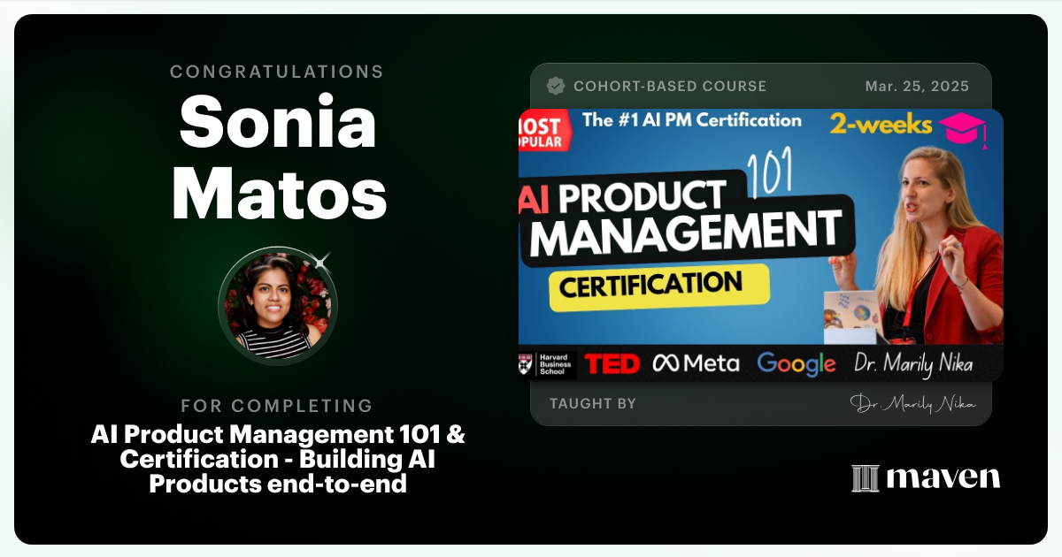 Certificate of Completion for AI Product Management 101 & Certification - Building AI Products end-to-end