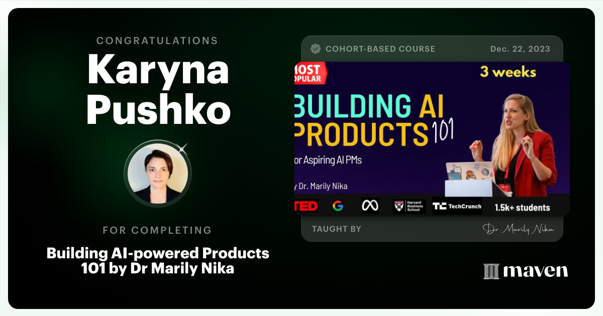 Certificate of Completion for AI Product Management 101 & Certification - Building AI Products end-to-end