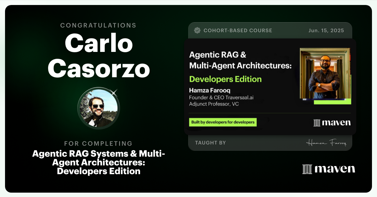 Certificate of Completion for Agent Engineering Bootcamp: Developers Edition