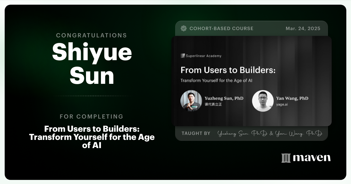 Certificate of Completion for Build with AI: Mindset, Habits & Tools for the Next 20 Years
